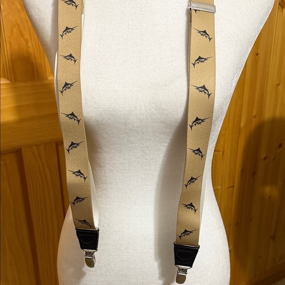 Tan Novelty Suspender Straps with Navy Marlin Sword Fish Print.  NWT